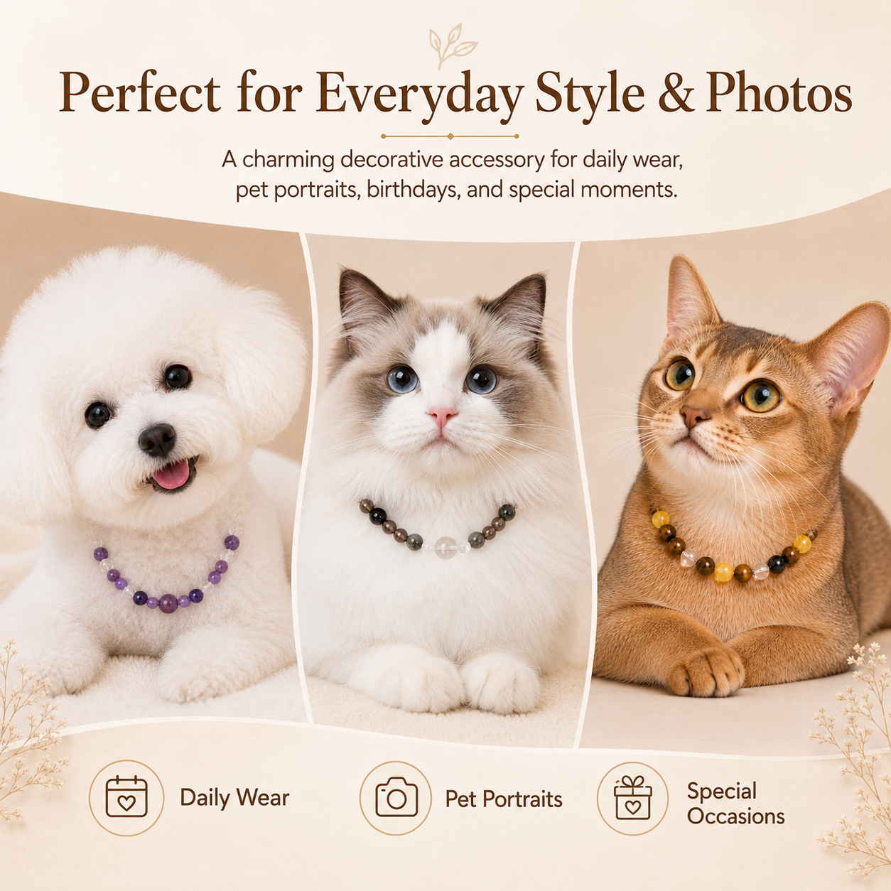 Healing-Inspired Natural Crystal Beaded Pet Necklace Collar, Adjustable Amethyst Crystal Cat & Dog Jewelry Collar with Leather-Look Strap and Gold-Tone Hardware, Decorative Pet Collar for Cats, Puppies & Small Dogs