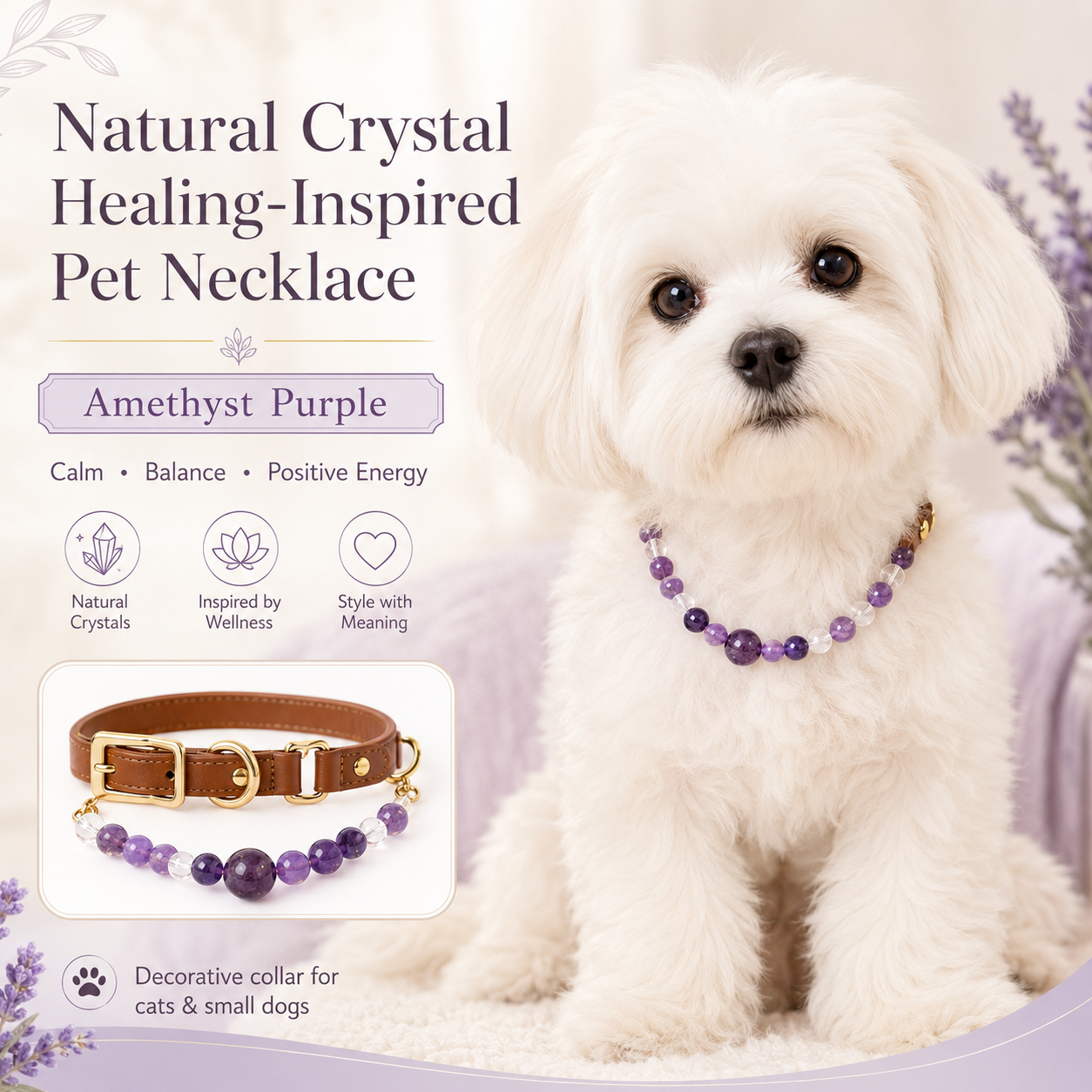 Healing-Inspired Natural Crystal Beaded Pet Necklace Collar, Adjustable Amethyst Crystal Cat & Dog Jewelry Collar with Leather-Look Strap and Gold-Tone Hardware, Decorative Pet Collar for Cats, Puppies & Small Dogs