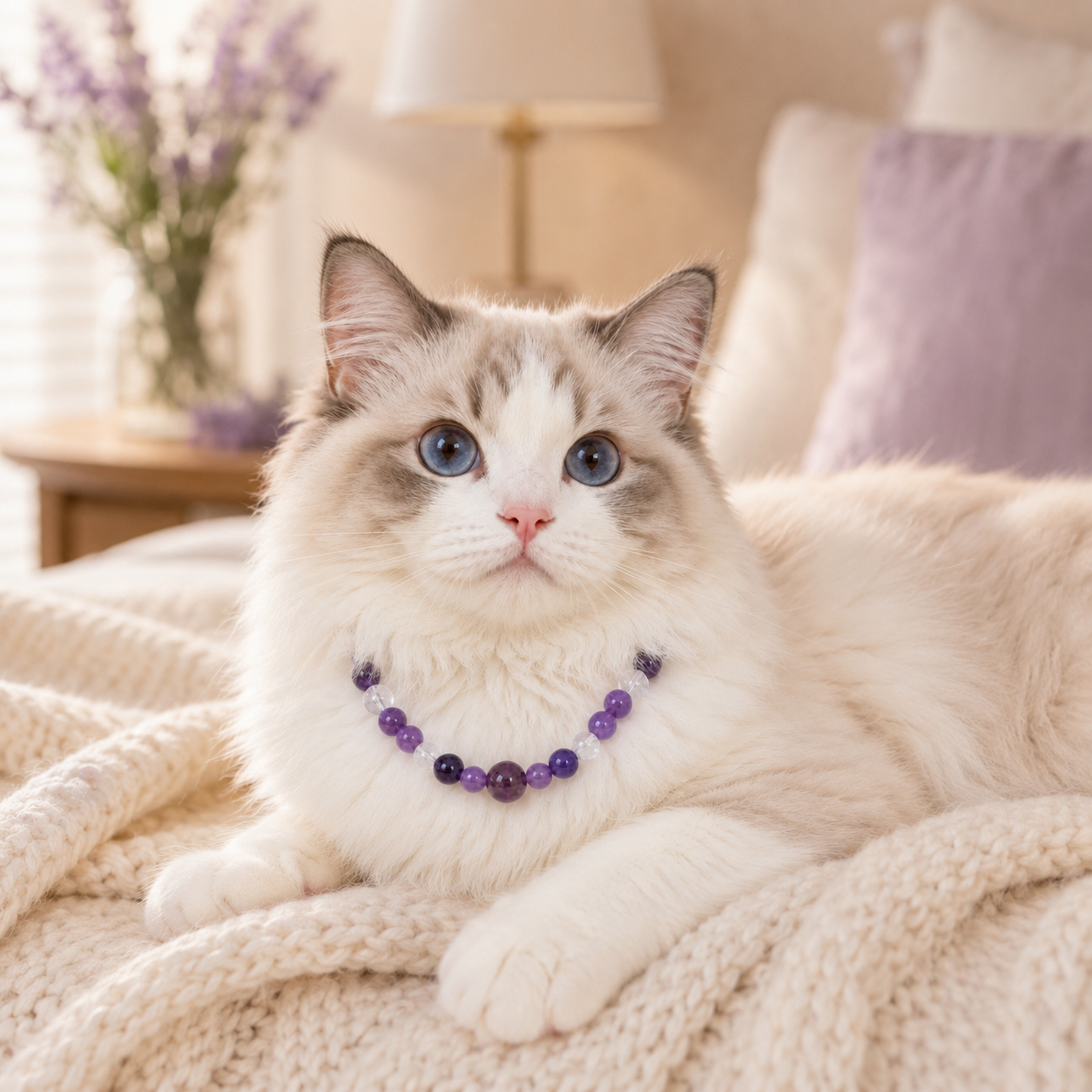 Healing-Inspired Natural Crystal Beaded Pet Necklace Collar, Adjustable Amethyst Crystal Cat & Dog Jewelry Collar with Leather-Look Strap and Gold-Tone Hardware, Decorative Pet Collar for Cats, Puppies & Small Dogs