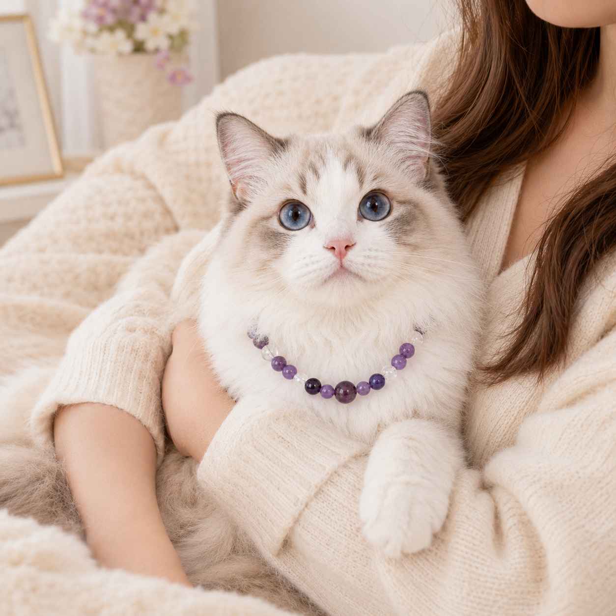 Healing-Inspired Natural Crystal Beaded Pet Necklace Collar, Adjustable Amethyst Crystal Cat & Dog Jewelry Collar with Leather-Look Strap and Gold-Tone Hardware, Decorative Pet Collar for Cats, Puppies & Small Dogs
