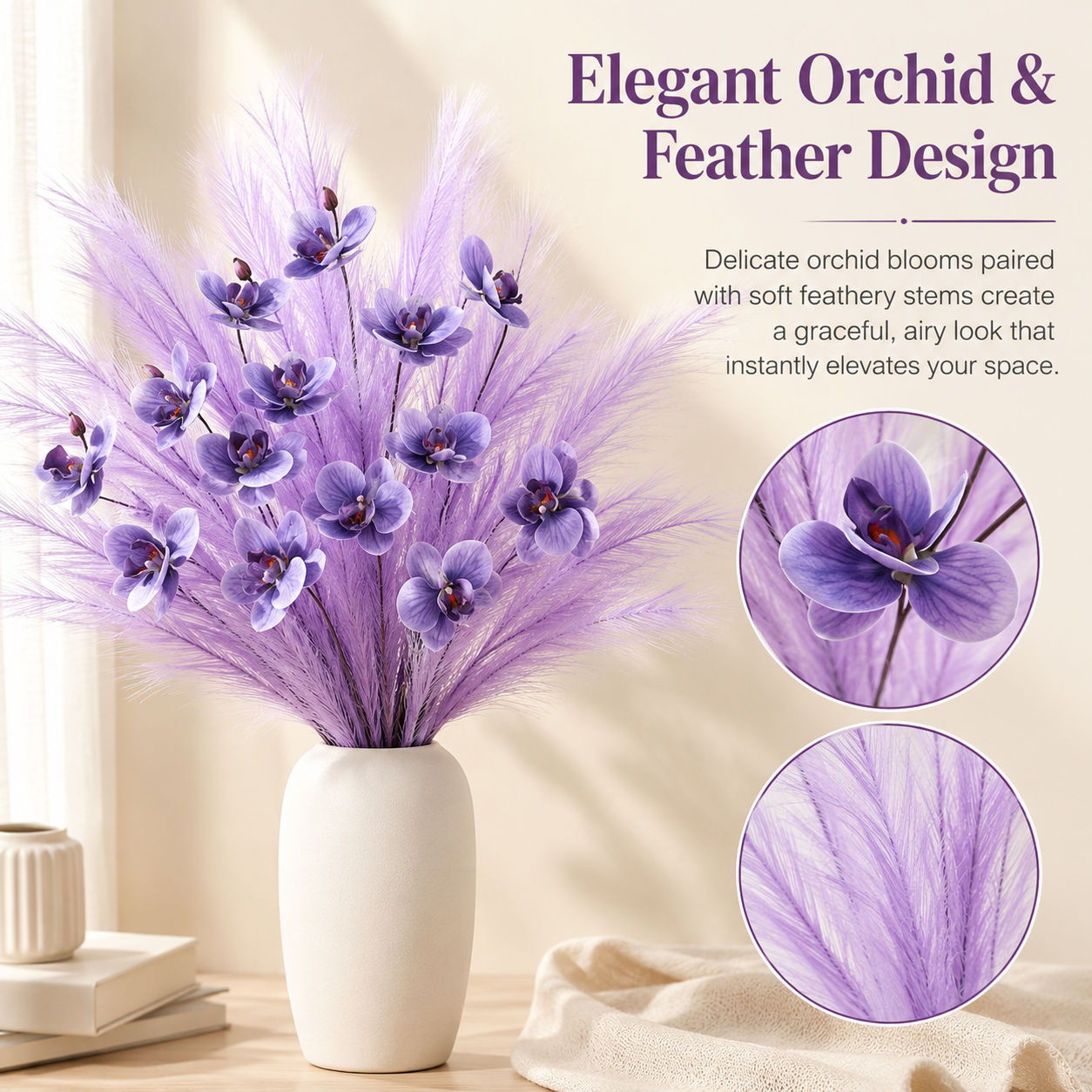 6-Pack Artificial Orchid Feather Grass Stems, Faux Phalaenopsis Floral Picks with Soft Feathery Leaves for Vase Arrangements, Home Décor, Wedding Centerpieces, Table Decoration