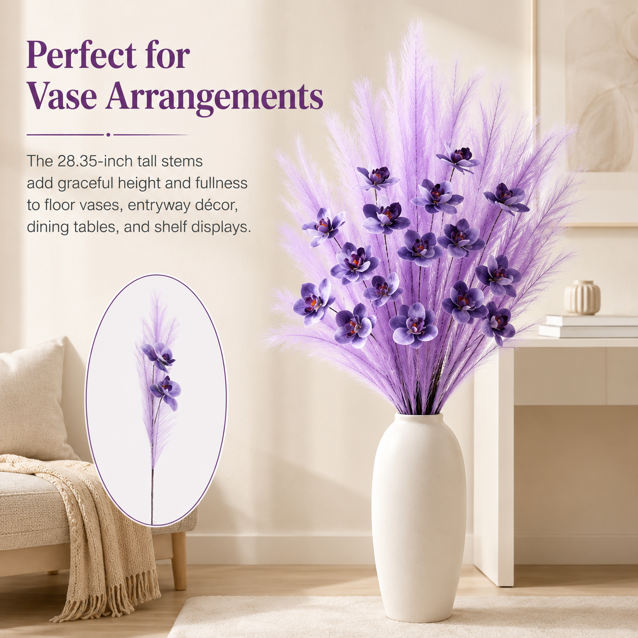 6-Pack Artificial Orchid Feather Grass Stems, Faux Phalaenopsis Floral Picks with Soft Feathery Leaves for Vase Arrangements, Home Décor, Wedding Centerpieces, Table Decoration