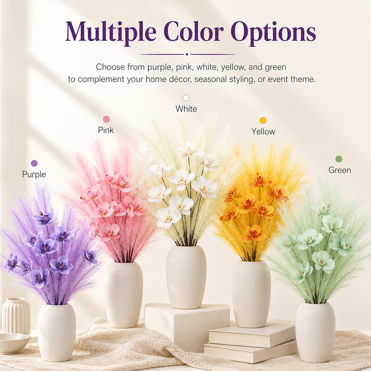 6-Pack Artificial Orchid Feather Grass Stems, Faux Phalaenopsis Floral Picks with Soft Feathery Leaves for Vase Arrangements, Home Décor, Wedding Centerpieces, Table Decoration