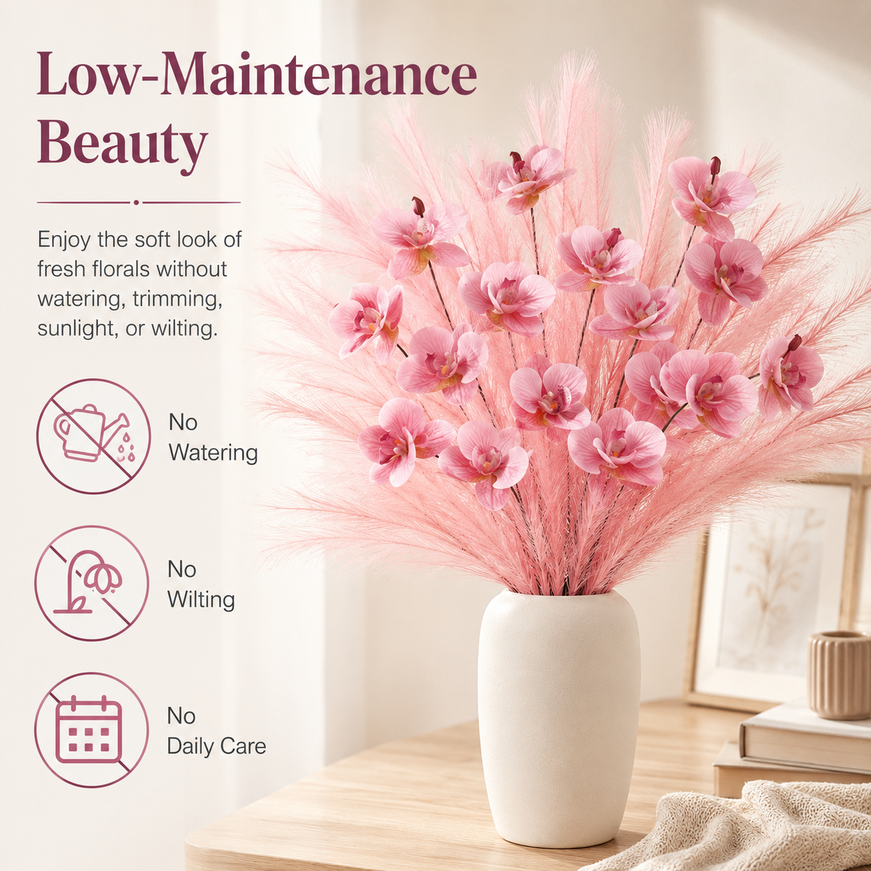 6-Pack Artificial Orchid Feather Grass Stems, Faux Phalaenopsis Floral Picks with Soft Feathery Leaves for Vase Arrangements, Home Décor, Wedding Centerpieces, Table Decoration