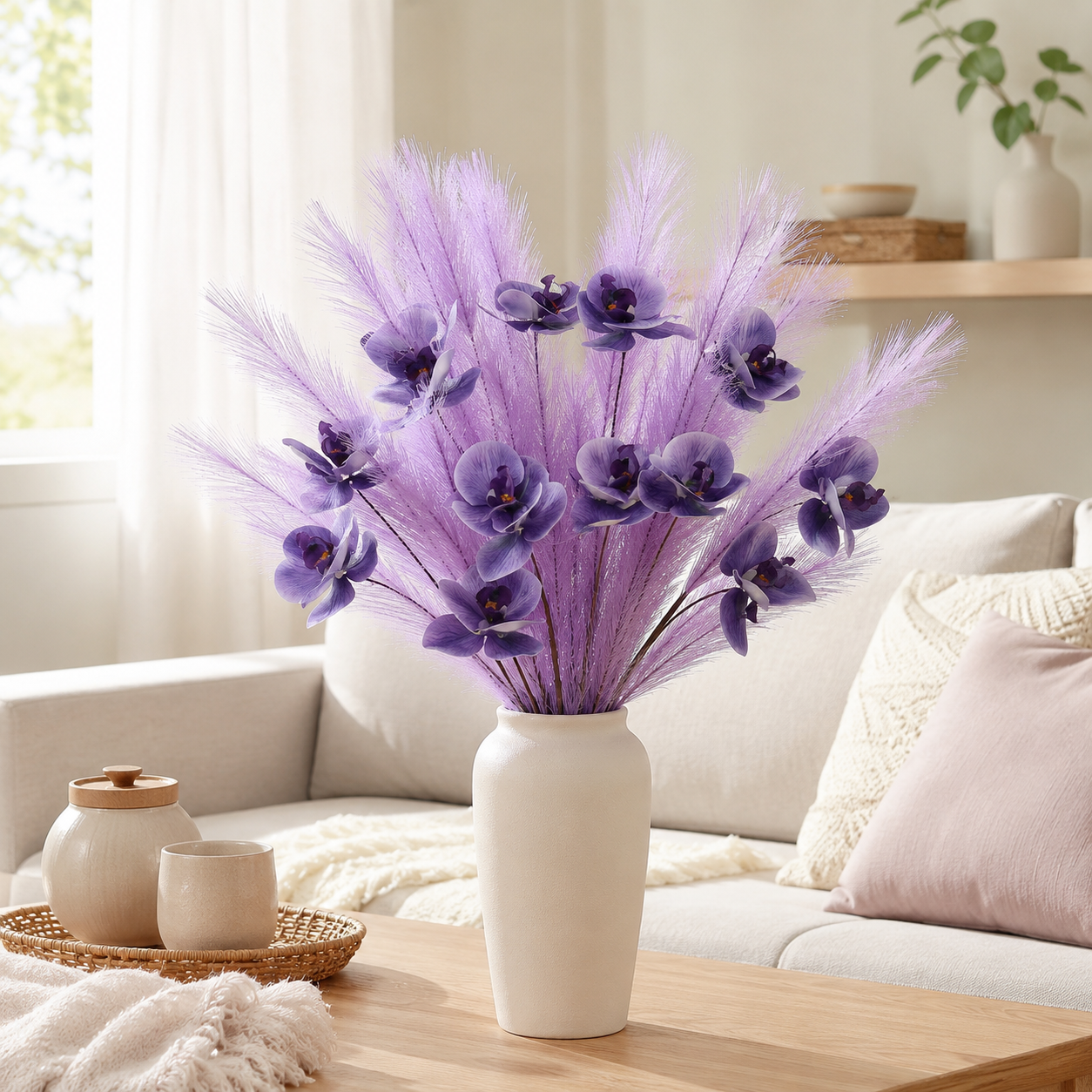6-Pack Artificial Orchid Feather Grass Stems, Faux Phalaenopsis Floral Picks with Soft Feathery Leaves for Vase Arrangements, Home Décor, Wedding Centerpieces, Table Decoration
