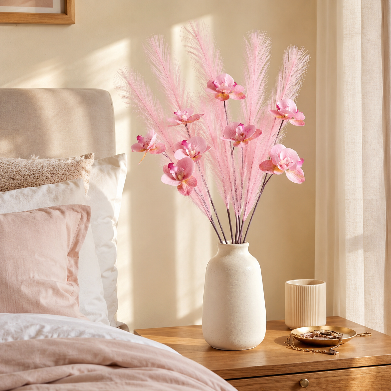 6-Pack Artificial Orchid Feather Grass Stems, Faux Phalaenopsis Floral Picks with Soft Feathery Leaves for Vase Arrangements, Home Décor, Wedding Centerpieces, Table Decoration