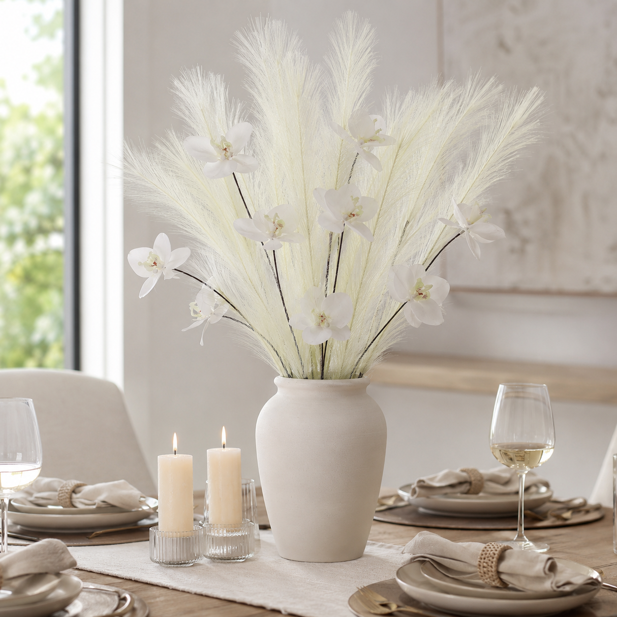 6-Pack Artificial Orchid Feather Grass Stems, Faux Phalaenopsis Floral Picks with Soft Feathery Leaves for Vase Arrangements, Home Décor, Wedding Centerpieces, Table Decoration