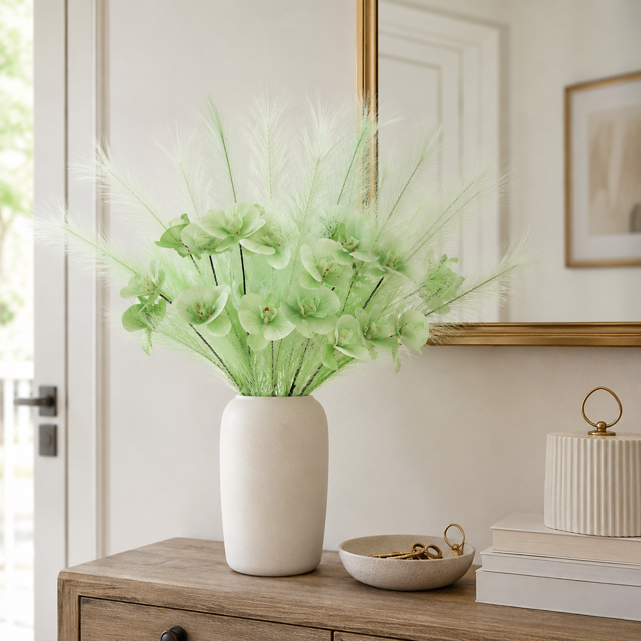 6-Pack Artificial Orchid Feather Grass Stems, Faux Phalaenopsis Floral Picks with Soft Feathery Leaves for Vase Arrangements, Home Décor, Wedding Centerpieces, Table Decoration