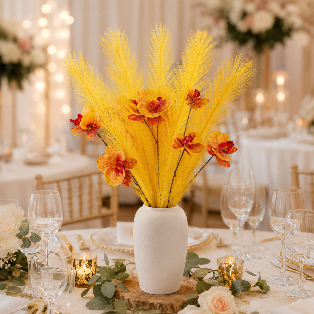 6-Pack Artificial Orchid Feather Grass Stems, Faux Phalaenopsis Floral Picks with Soft Feathery Leaves for Vase Arrangements, Home Décor, Wedding Centerpieces, Table Decoration