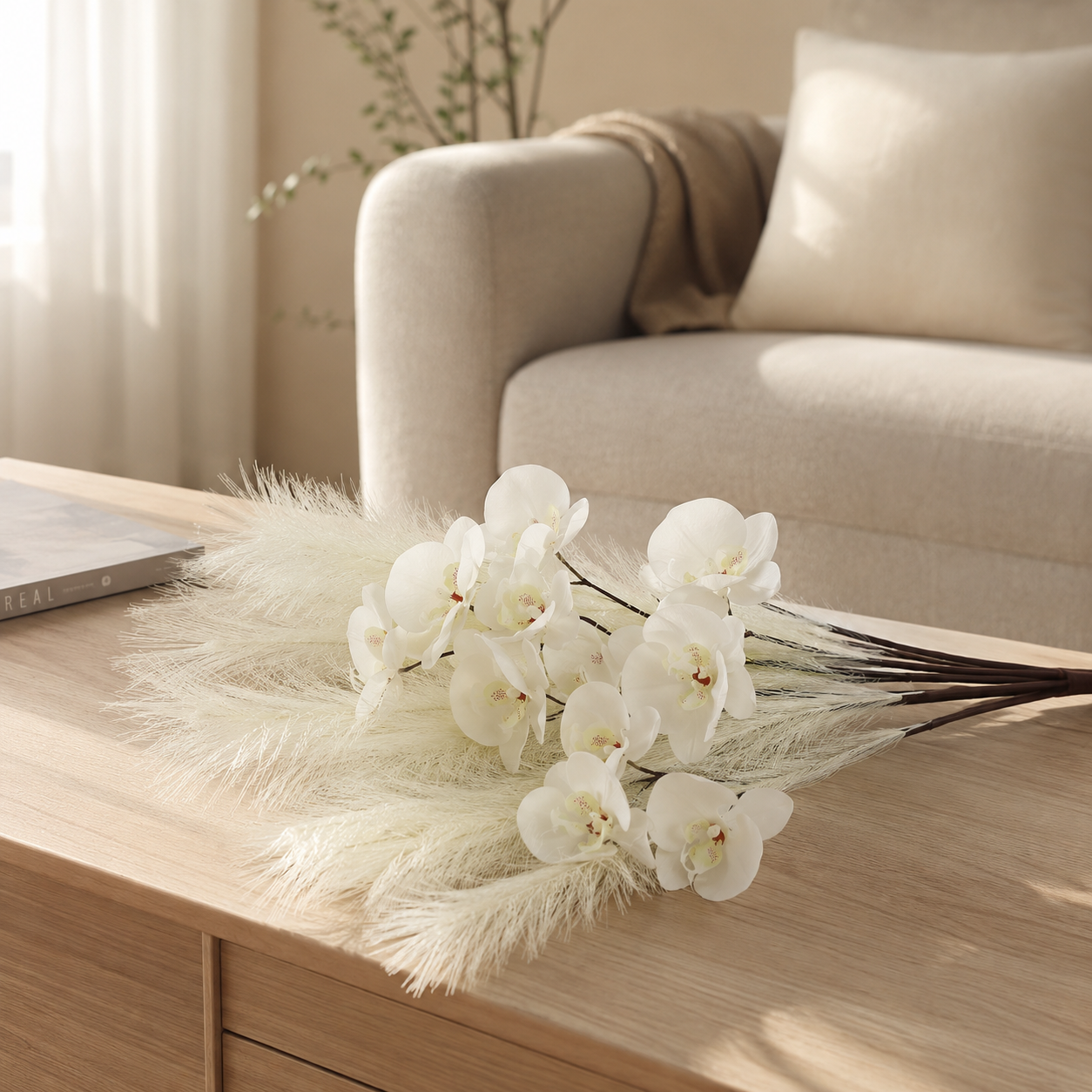 6-Pack Artificial Orchid Feather Grass Stems, Faux Phalaenopsis Floral Picks with Soft Feathery Leaves for Vase Arrangements, Home Décor, Wedding Centerpieces, Table Decoration