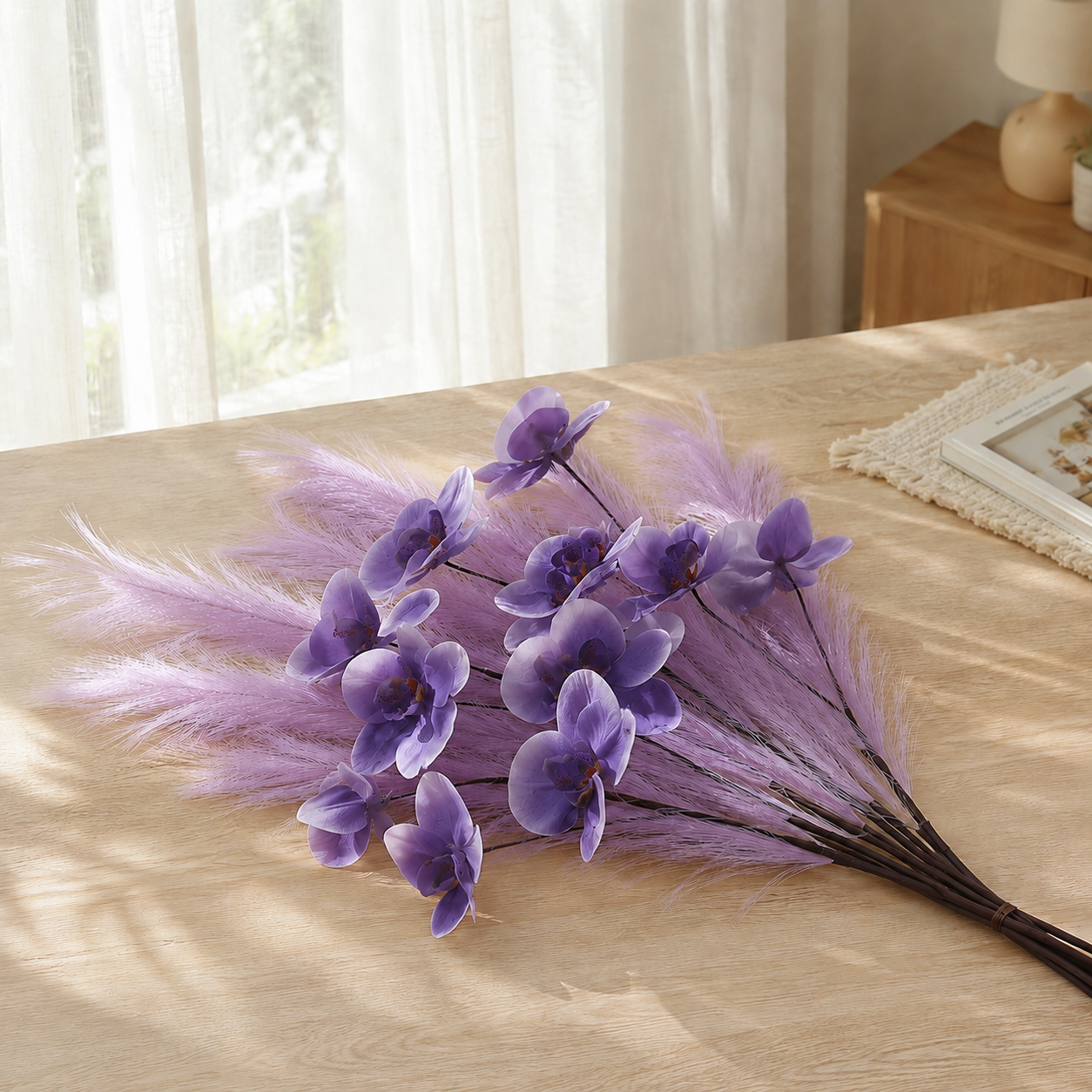 6-Pack Artificial Orchid Feather Grass Stems, Faux Phalaenopsis Floral Picks with Soft Feathery Leaves for Vase Arrangements, Home Décor, Wedding Centerpieces, Table Decoration