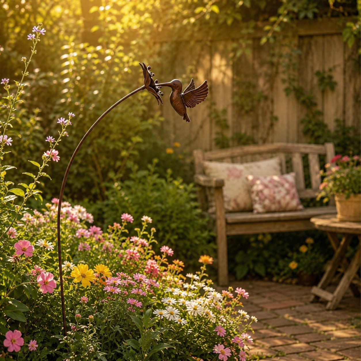 Rustic Metal Hummingbird Garden Stake Outdoor Decor, Bronze Hummingbird Yard Art with Flower Accent, Decorative Metal Bird Plant Stake for Garden, Patio, Lawn, Flower Bed, Walkway, and Backyard