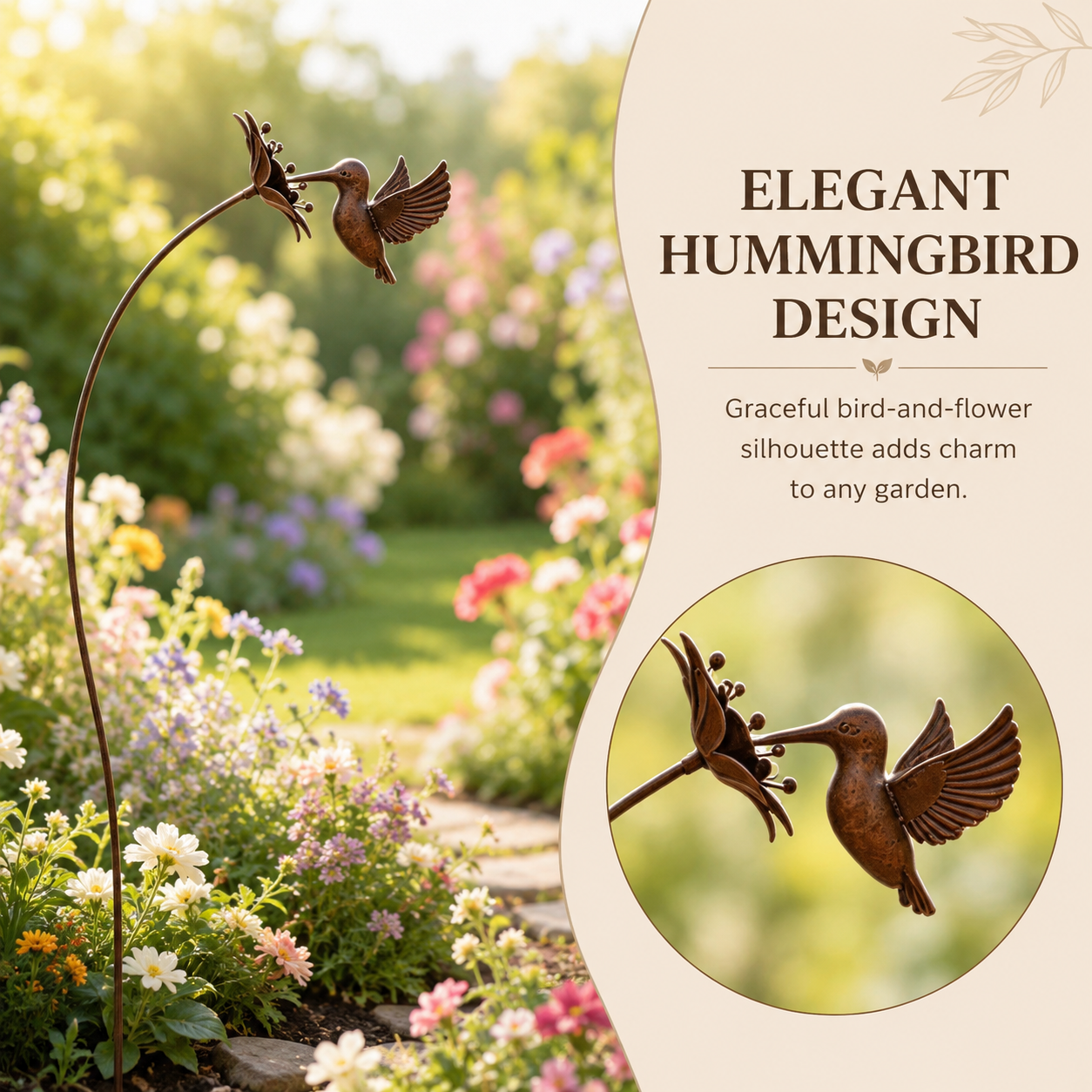 Rustic Metal Hummingbird Garden Stake Outdoor Decor, Bronze Hummingbird Yard Art with Flower Accent, Decorative Metal Bird Plant Stake for Garden, Patio, Lawn, Flower Bed, Walkway, and Backyard