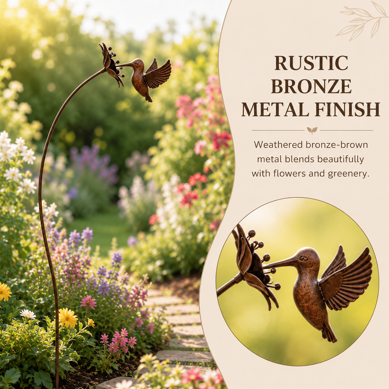 Rustic Metal Hummingbird Garden Stake Outdoor Decor, Bronze Hummingbird Yard Art with Flower Accent, Decorative Metal Bird Plant Stake for Garden, Patio, Lawn, Flower Bed, Walkway, and Backyard