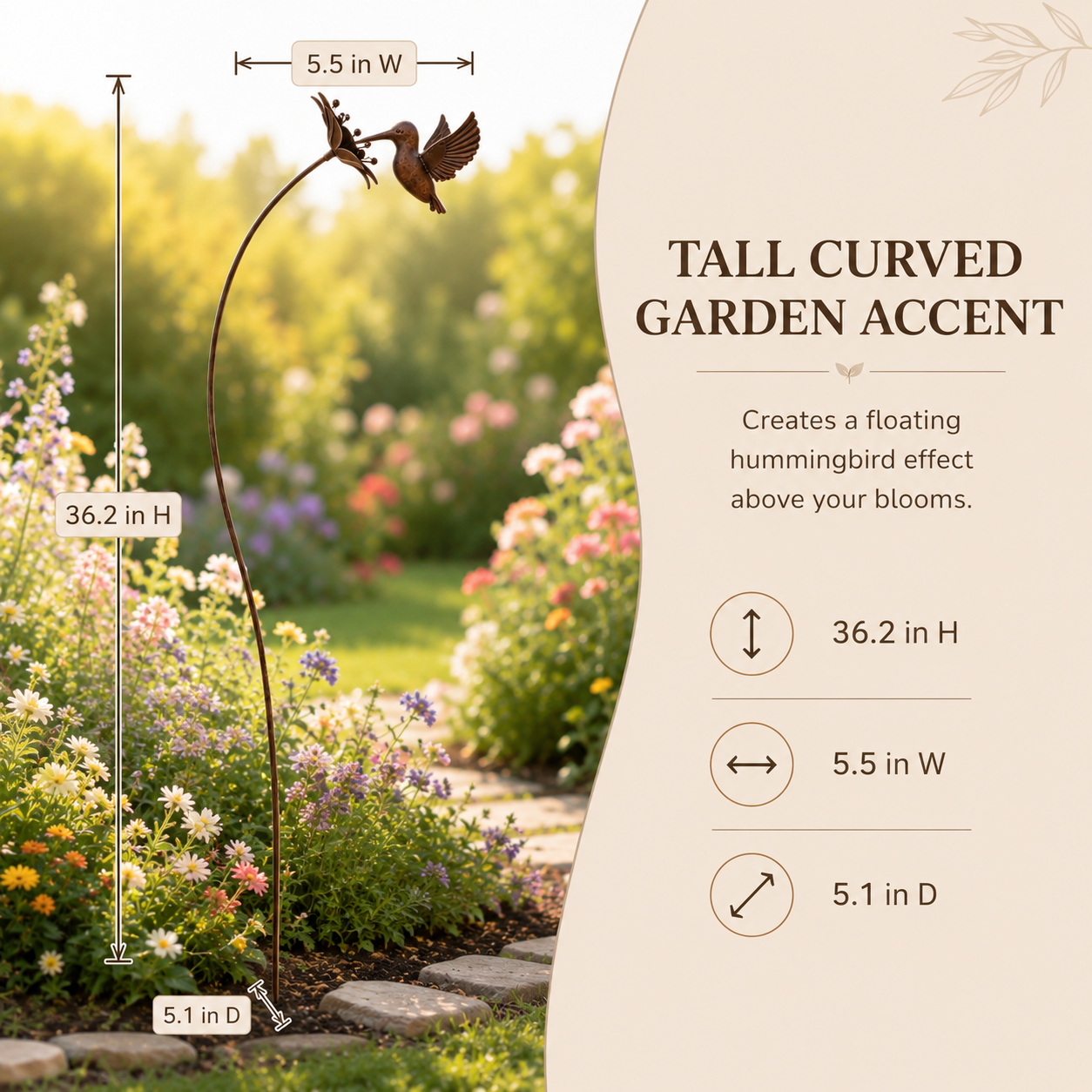 Rustic Metal Hummingbird Garden Stake Outdoor Decor, Bronze Hummingbird Yard Art with Flower Accent, Decorative Metal Bird Plant Stake for Garden, Patio, Lawn, Flower Bed, Walkway, and Backyard