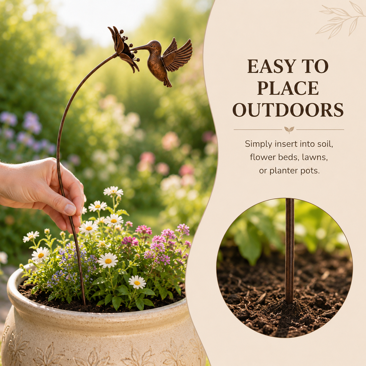 Rustic Metal Hummingbird Garden Stake Outdoor Decor, Bronze Hummingbird Yard Art with Flower Accent, Decorative Metal Bird Plant Stake for Garden, Patio, Lawn, Flower Bed, Walkway, and Backyard