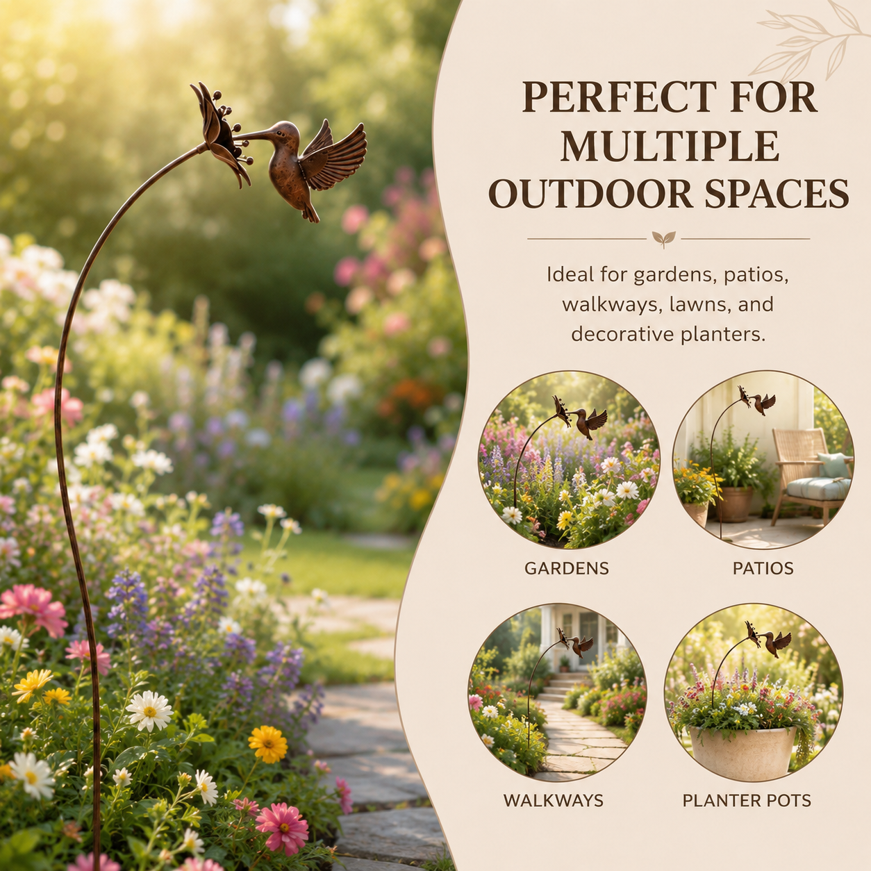 Rustic Metal Hummingbird Garden Stake Outdoor Decor, Bronze Hummingbird Yard Art with Flower Accent, Decorative Metal Bird Plant Stake for Garden, Patio, Lawn, Flower Bed, Walkway, and Backyard