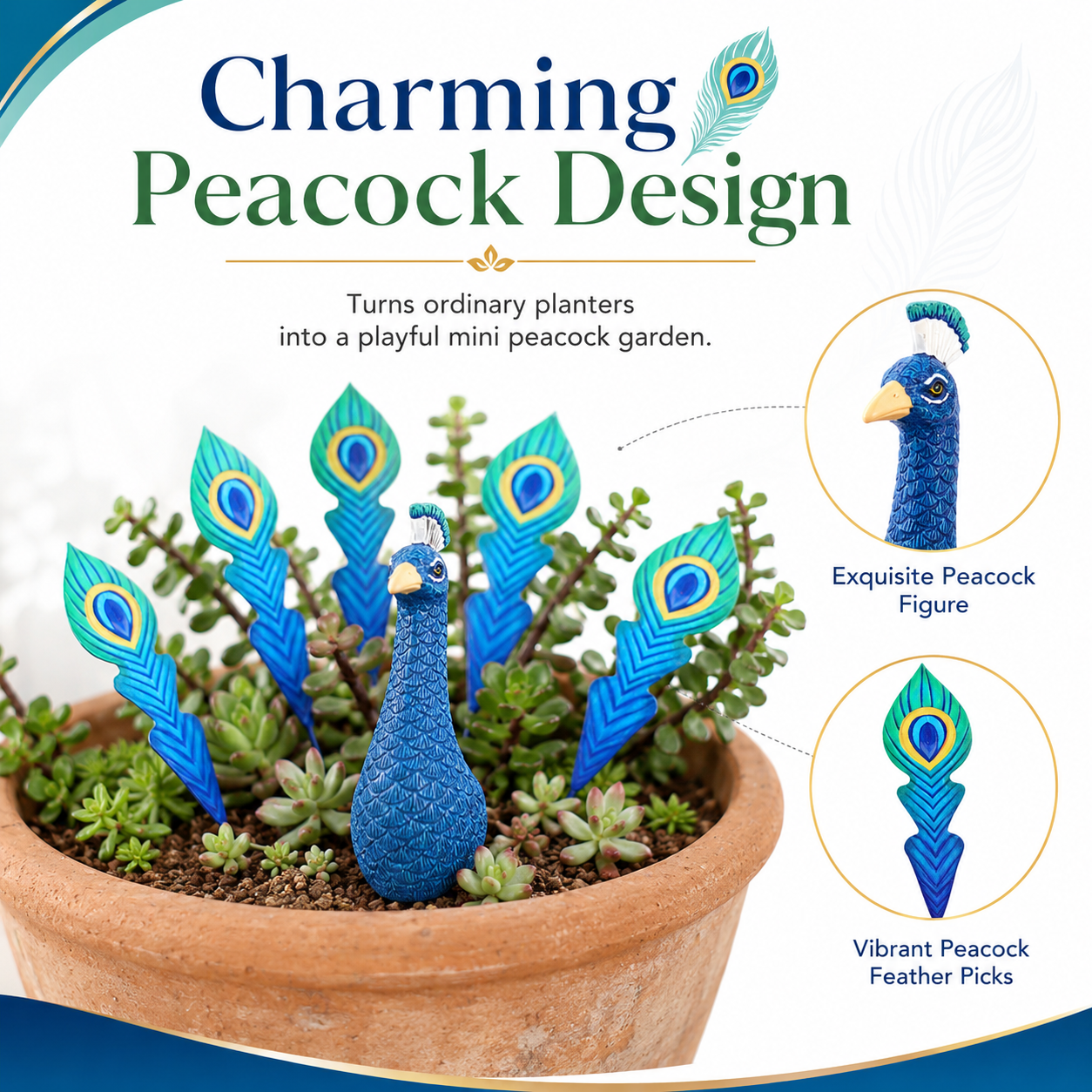 6-Piece Peacock Plant Pot Decorations, Mini Peacock Garden Stakes with Feather Picks for Potted Plants, Succulent Planters, Fairy Gardens, Indoor & Outdoor Patio Decor