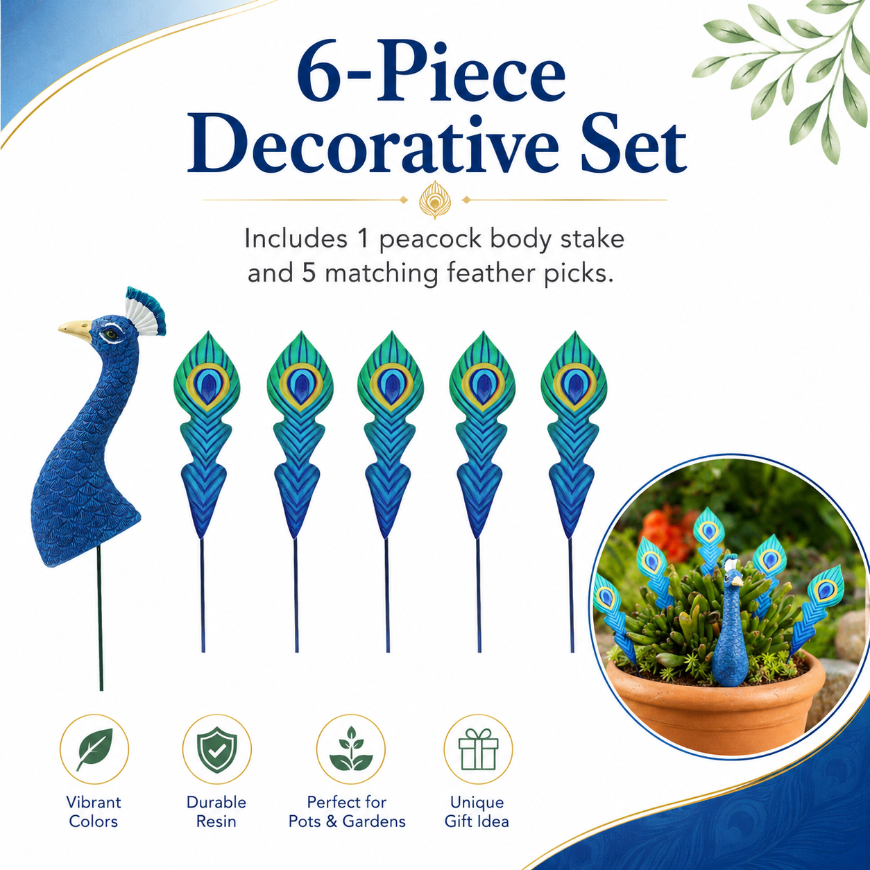 6-Piece Peacock Plant Pot Decorations, Mini Peacock Garden Stakes with Feather Picks for Potted Plants, Succulent Planters, Fairy Gardens, Indoor & Outdoor Patio Decor