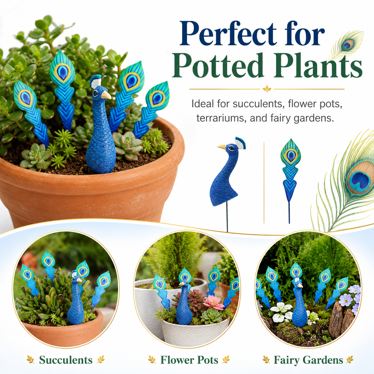 6-Piece Peacock Plant Pot Decorations, Mini Peacock Garden Stakes with Feather Picks for Potted Plants, Succulent Planters, Fairy Gardens, Indoor & Outdoor Patio Decor
