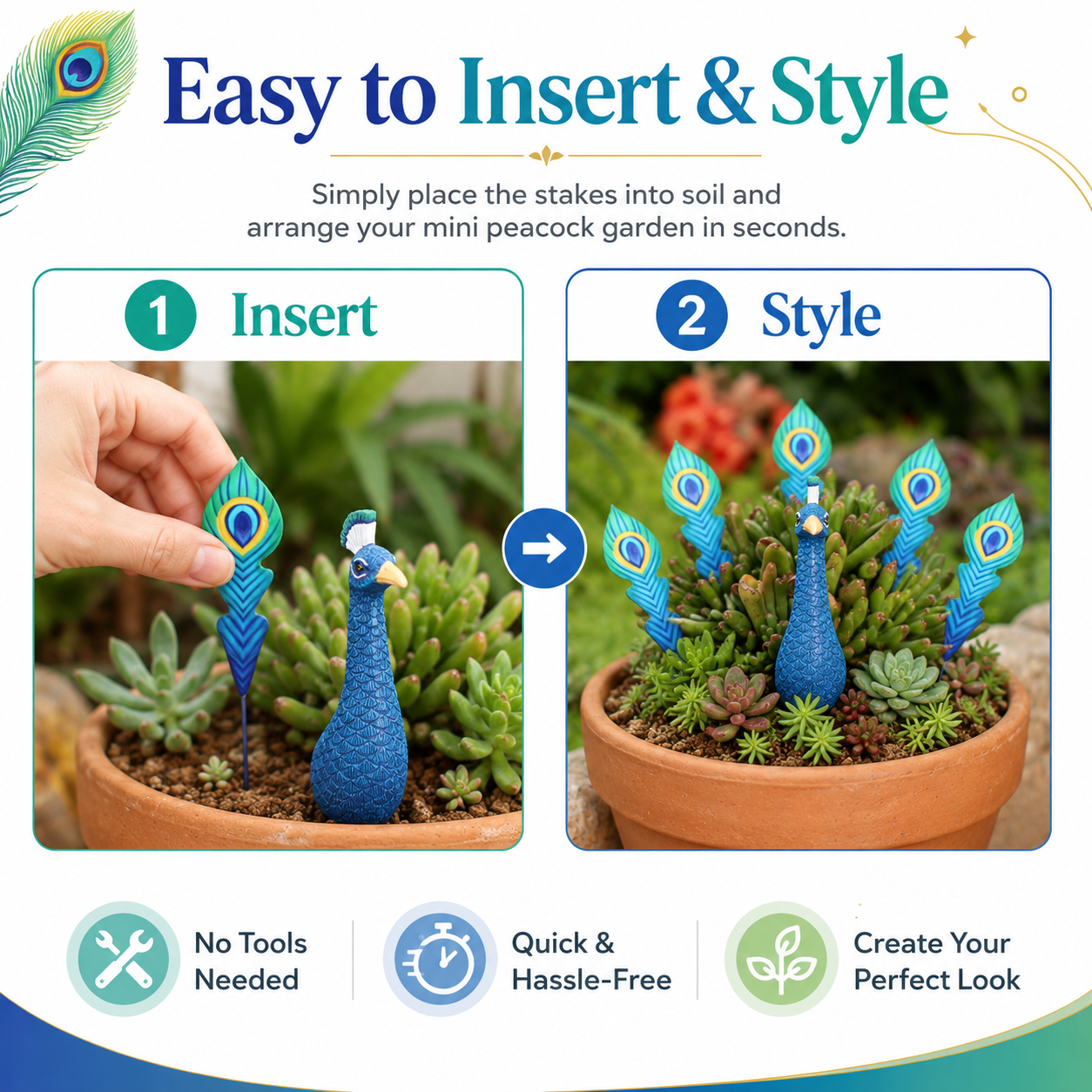 6-Piece Peacock Plant Pot Decorations, Mini Peacock Garden Stakes with Feather Picks for Potted Plants, Succulent Planters, Fairy Gardens, Indoor & Outdoor Patio Decor