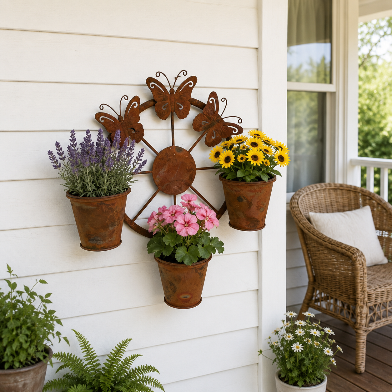 Rustic Butterfly Wall Planter with 3 Metal Flower Pots, Hanging Metal Garden Wall Decor for Porch, Patio, Fence, Balcony, Indoor & Outdoor Plant Display