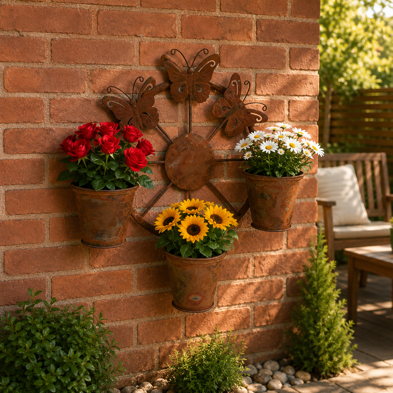 Rustic Butterfly Wall Planter with 3 Metal Flower Pots, Hanging Metal Garden Wall Decor for Porch, Patio, Fence, Balcony, Indoor & Outdoor Plant Display