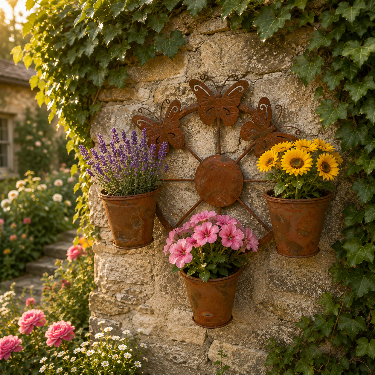 Rustic Butterfly Wall Planter with 3 Metal Flower Pots, Hanging Metal Garden Wall Decor for Porch, Patio, Fence, Balcony, Indoor & Outdoor Plant Display