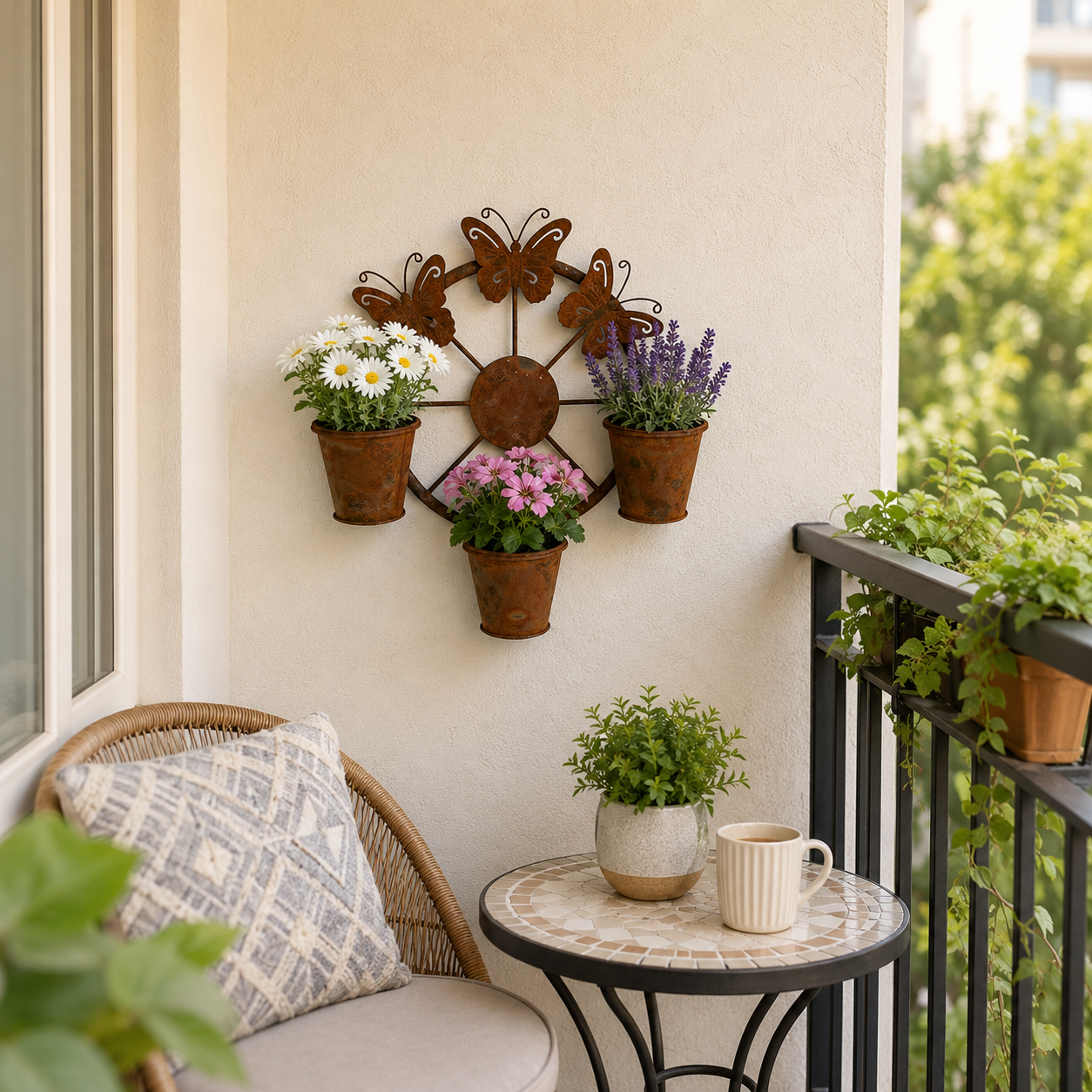 Rustic Butterfly Wall Planter with 3 Metal Flower Pots, Hanging Metal Garden Wall Decor for Porch, Patio, Fence, Balcony, Indoor & Outdoor Plant Display