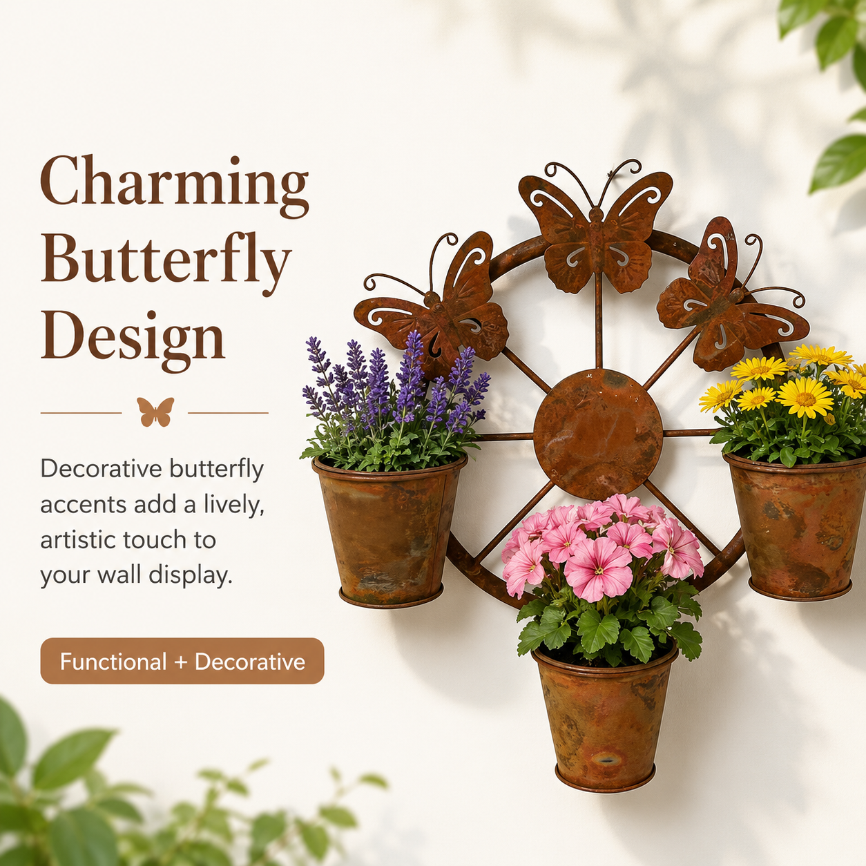 Rustic Butterfly Wall Planter with 3 Metal Flower Pots, Hanging Metal Garden Wall Decor for Porch, Patio, Fence, Balcony, Indoor & Outdoor Plant Display