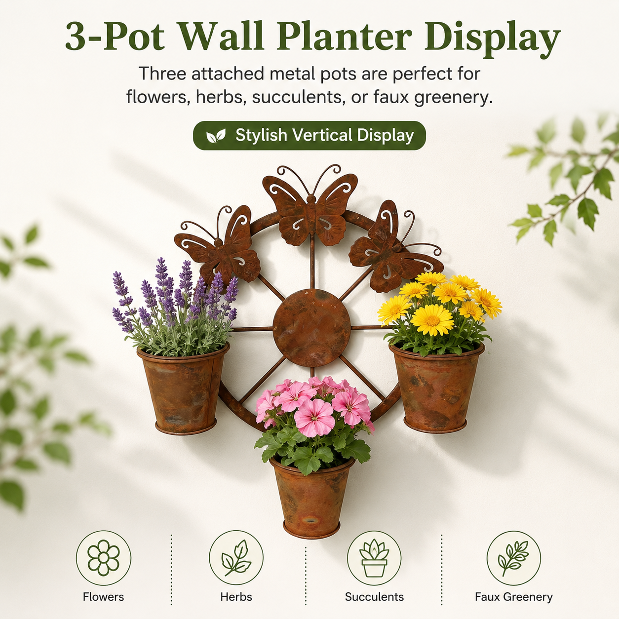 Rustic Butterfly Wall Planter with 3 Metal Flower Pots, Hanging Metal Garden Wall Decor for Porch, Patio, Fence, Balcony, Indoor & Outdoor Plant Display