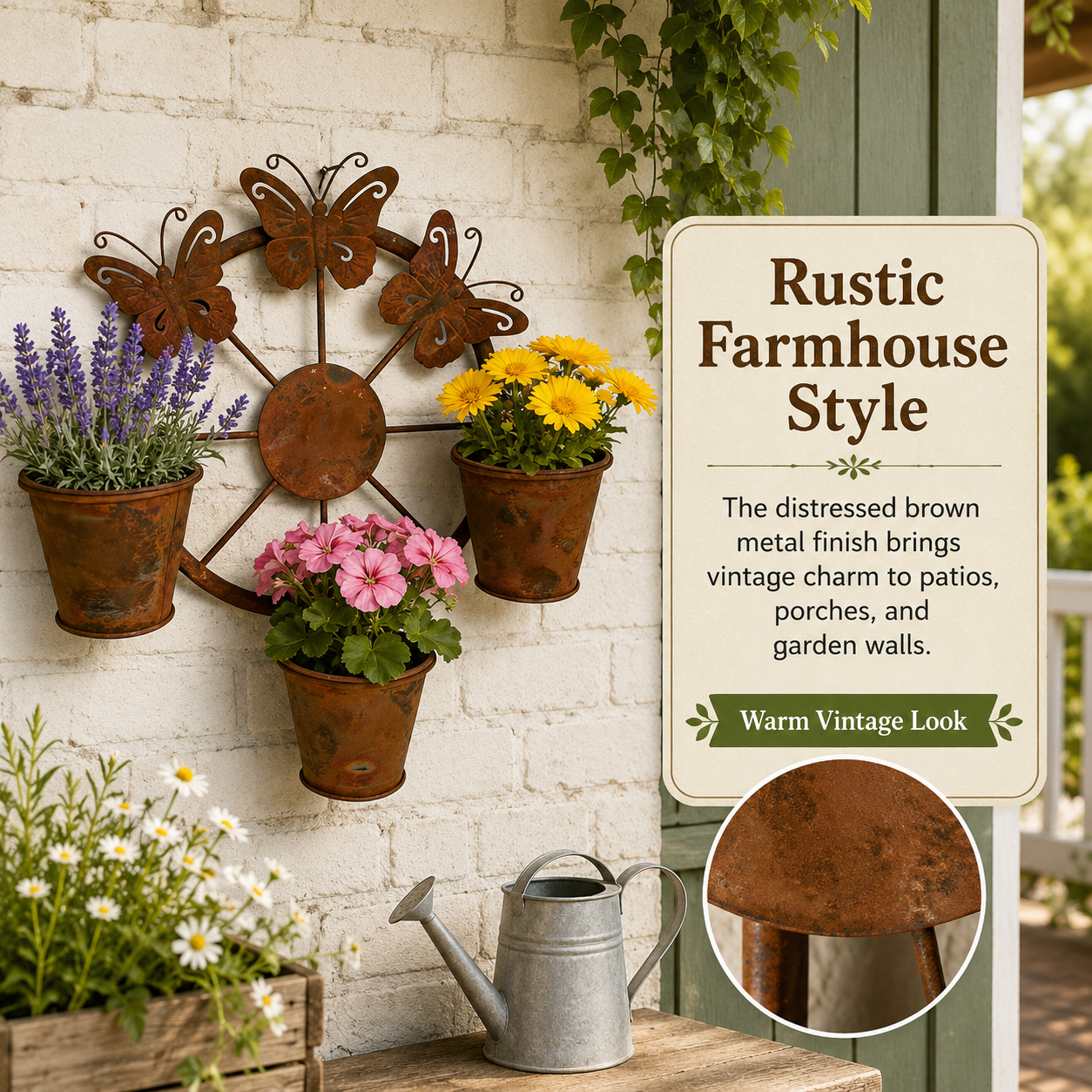Rustic Butterfly Wall Planter with 3 Metal Flower Pots, Hanging Metal Garden Wall Decor for Porch, Patio, Fence, Balcony, Indoor & Outdoor Plant Display
