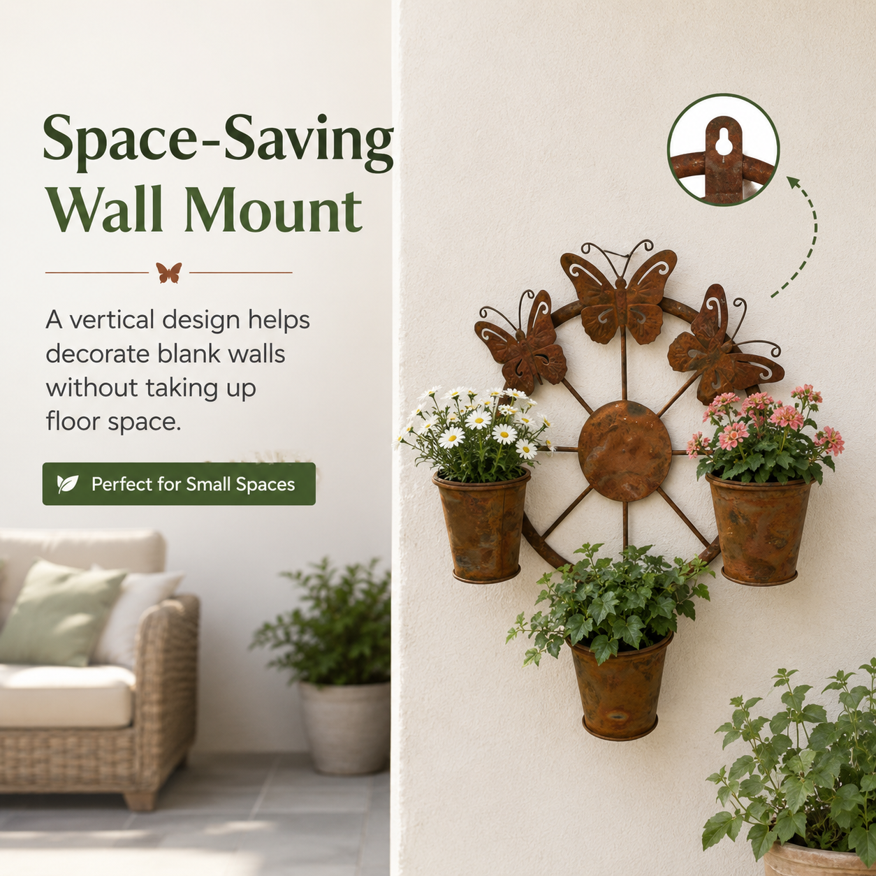 Rustic Butterfly Wall Planter with 3 Metal Flower Pots, Hanging Metal Garden Wall Decor for Porch, Patio, Fence, Balcony, Indoor & Outdoor Plant Display