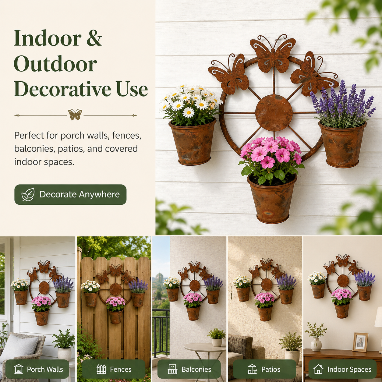 Rustic Butterfly Wall Planter with 3 Metal Flower Pots, Hanging Metal Garden Wall Decor for Porch, Patio, Fence, Balcony, Indoor & Outdoor Plant Display