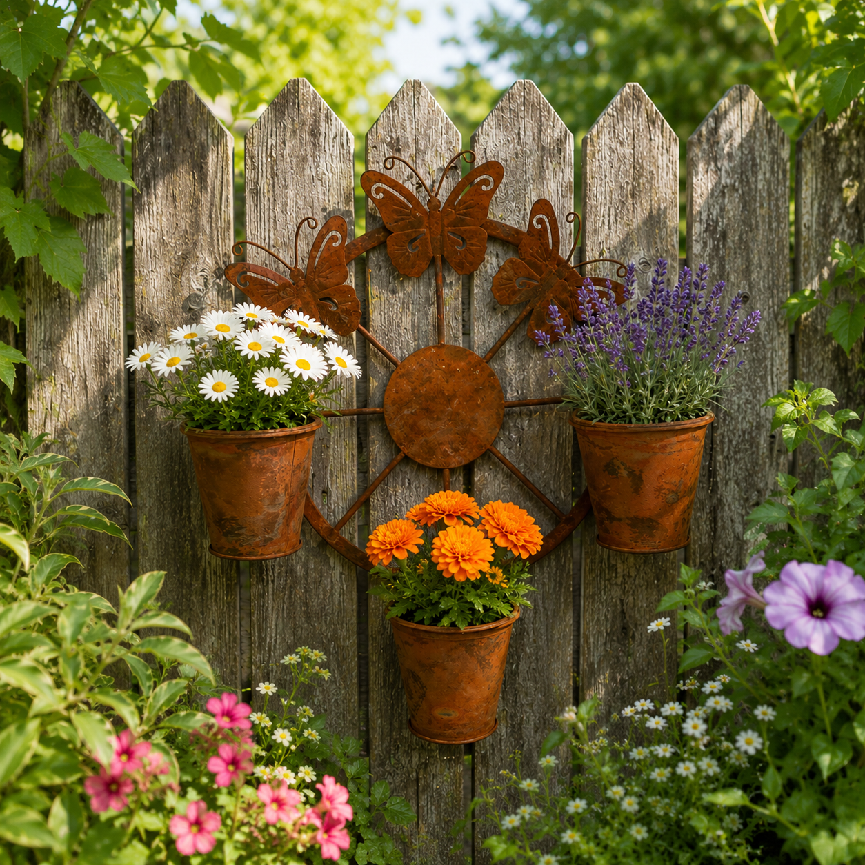 Rustic Butterfly Wall Planter with 3 Metal Flower Pots, Hanging Metal Garden Wall Decor for Porch, Patio, Fence, Balcony, Indoor & Outdoor Plant Display