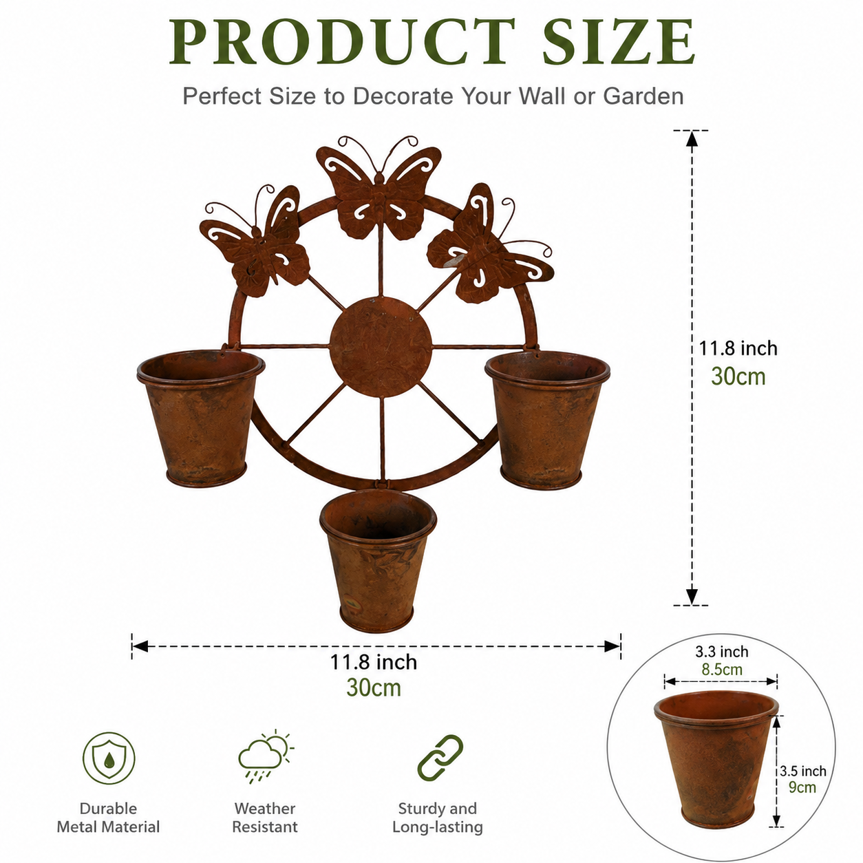 Rustic Butterfly Wall Planter with 3 Metal Flower Pots, Hanging Metal Garden Wall Decor for Porch, Patio, Fence, Balcony, Indoor & Outdoor Plant Display