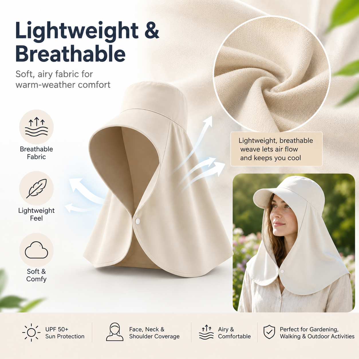 UPF 50+ Sun Hood Hat with Neck Cover, Wide Brim Sun Protection Cap