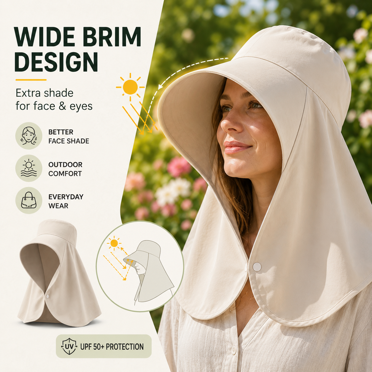 UPF 50+ Sun Hood Hat with Neck Cover, Wide Brim Sun Protection Cap