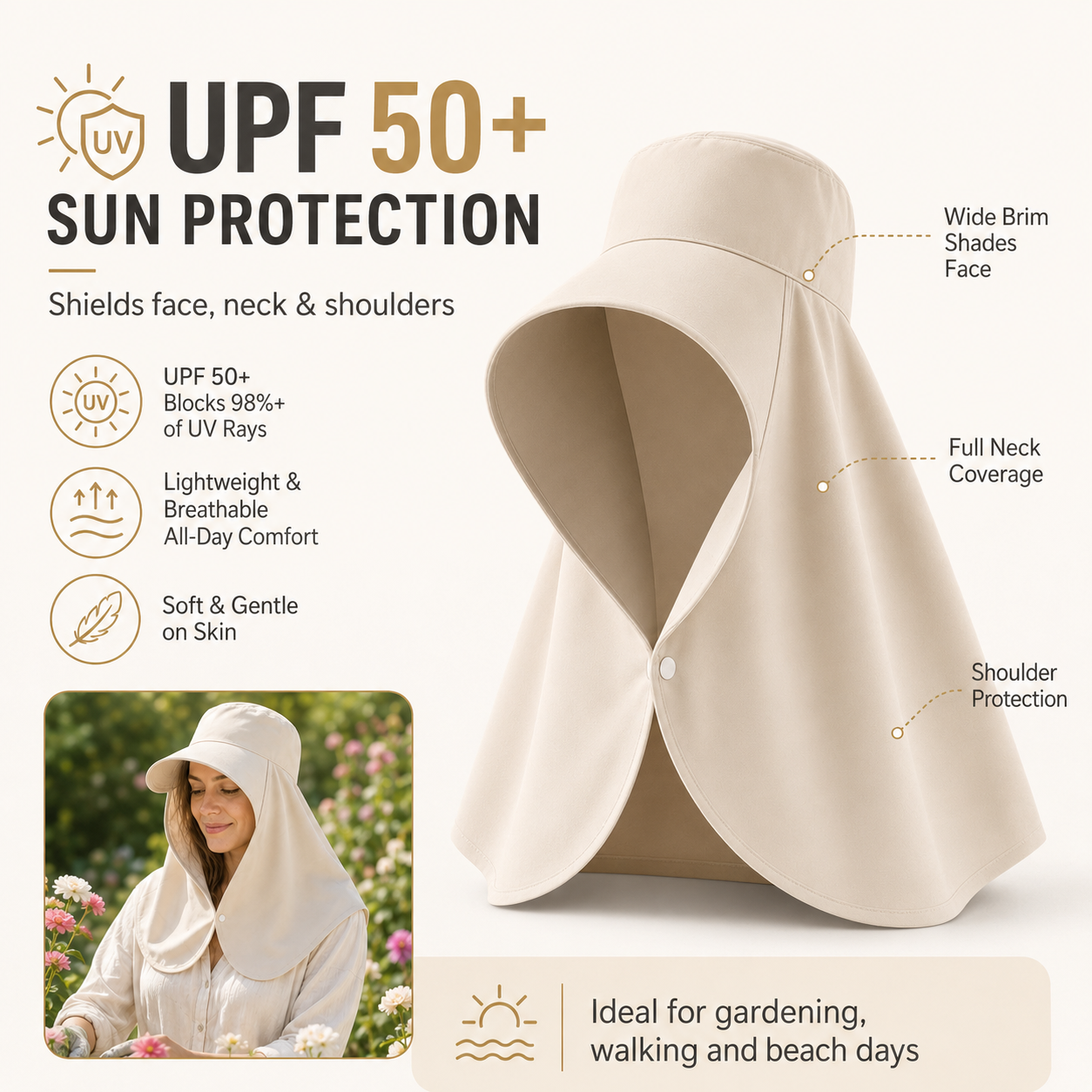 UPF 50+ Sun Hood Hat with Neck Cover, Wide Brim Sun Protection Cap