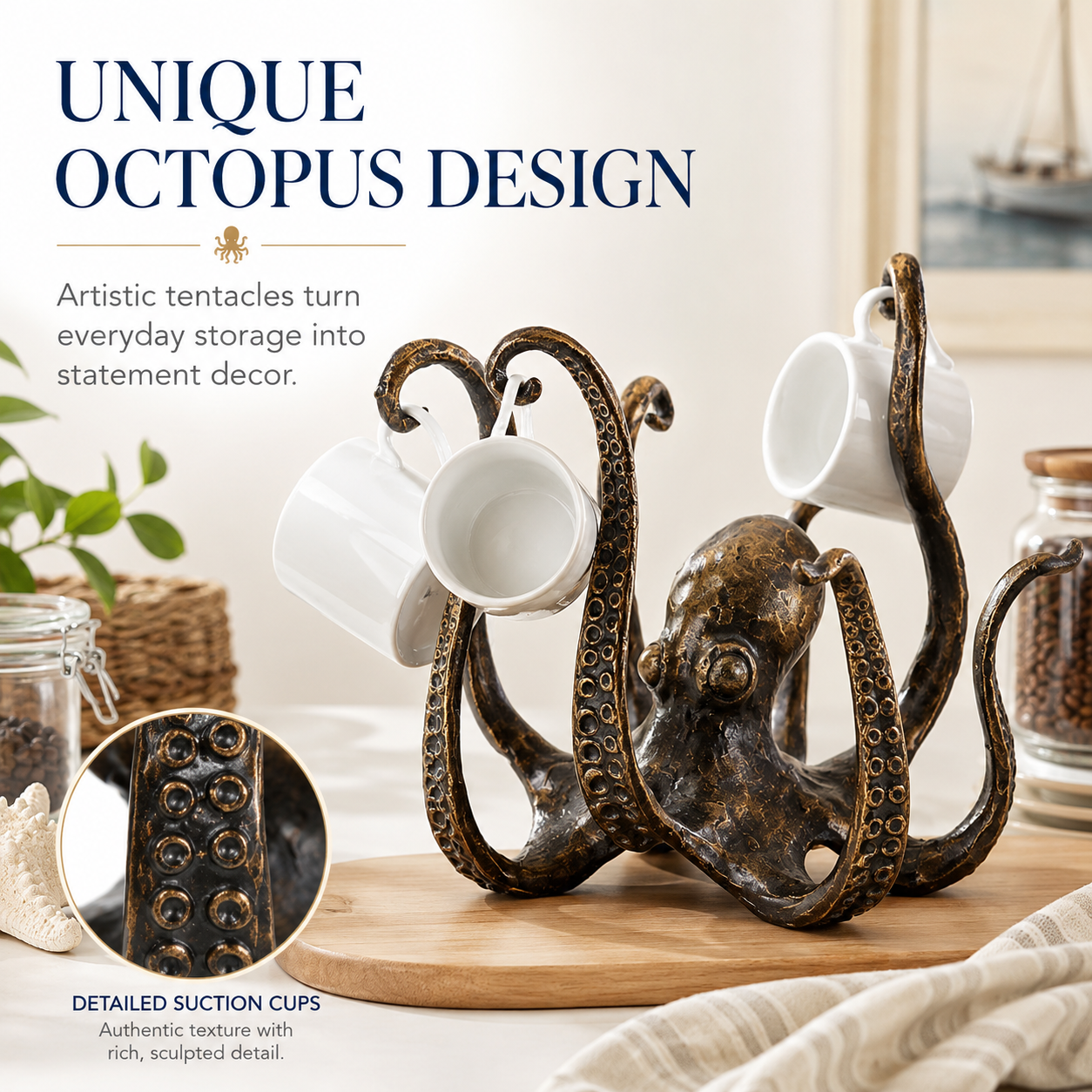 Antique Octopus Mug Holder, Nautical Tentacle Cup Rack
