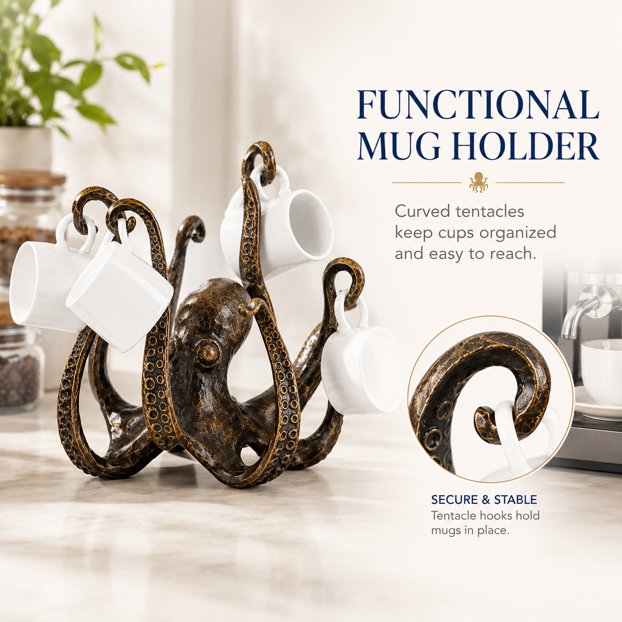 Antique Octopus Mug Holder, Nautical Tentacle Cup Rack