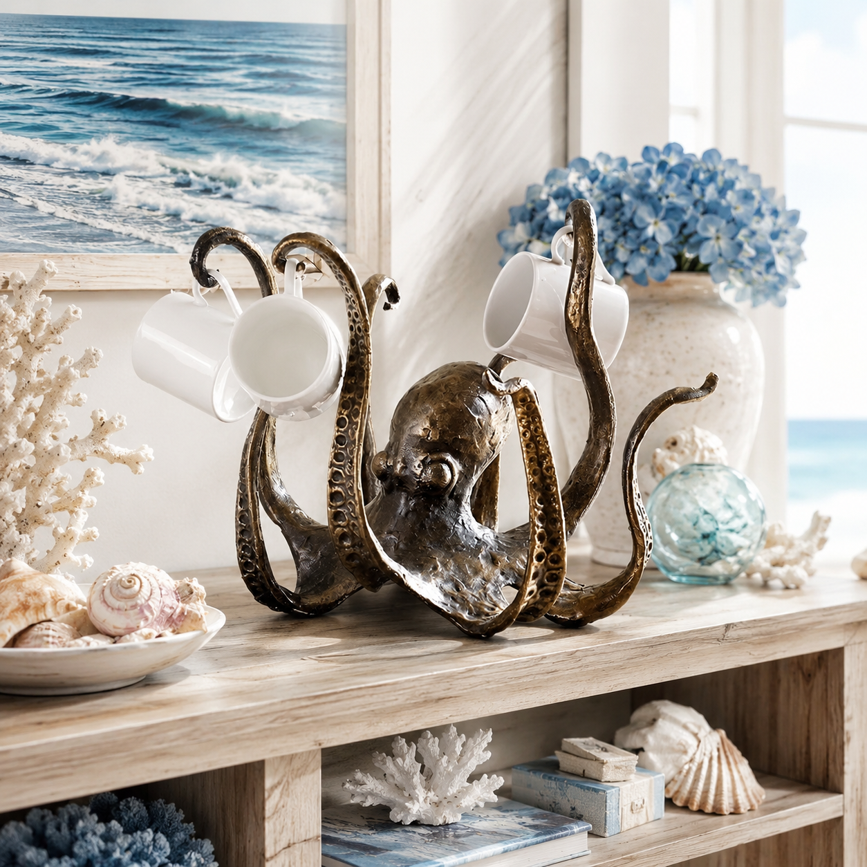 Antique Octopus Mug Holder, Nautical Tentacle Cup Rack