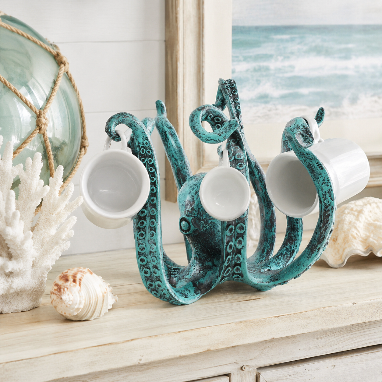 Antique Octopus Mug Holder, Nautical Tentacle Cup Rack