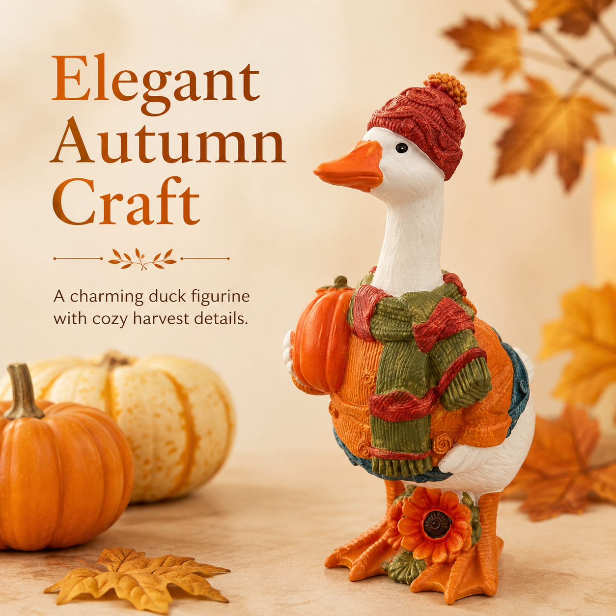 Fall Duck Figurine with Pumpkin, Resin Autumn Tabletop Decor