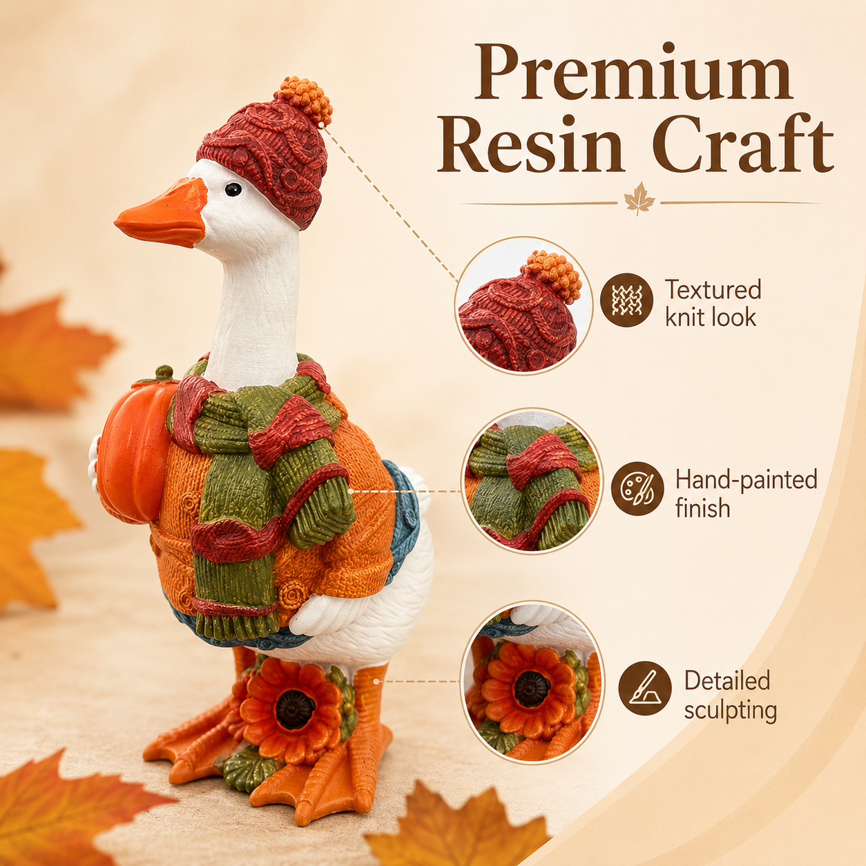 Fall Duck Figurine with Pumpkin, Resin Autumn Tabletop Decor