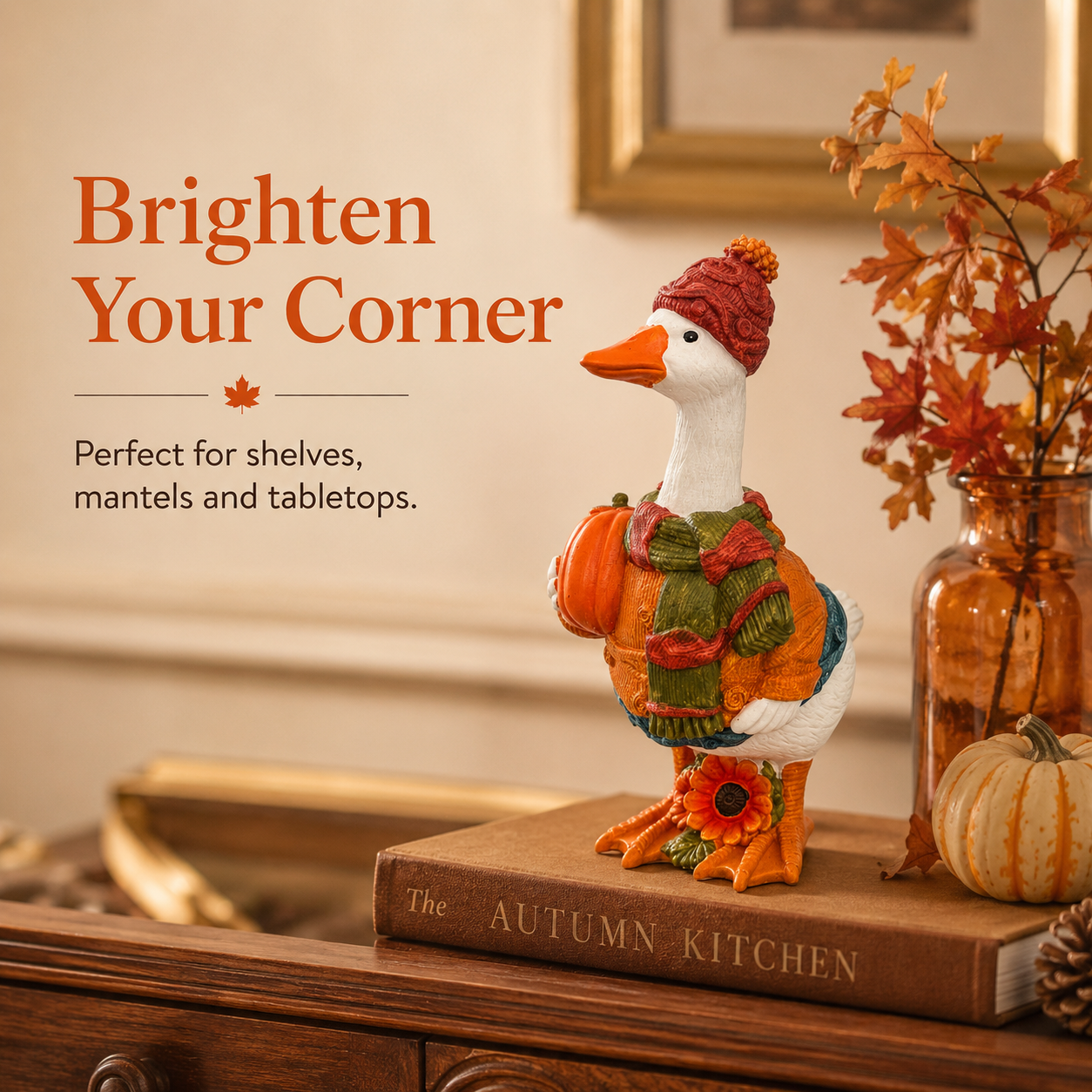 Fall Duck Figurine with Pumpkin, Resin Autumn Tabletop Decor