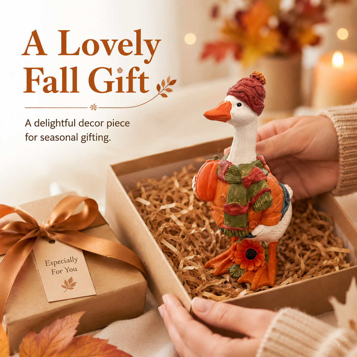 Fall Duck Figurine with Pumpkin, Resin Autumn Tabletop Decor