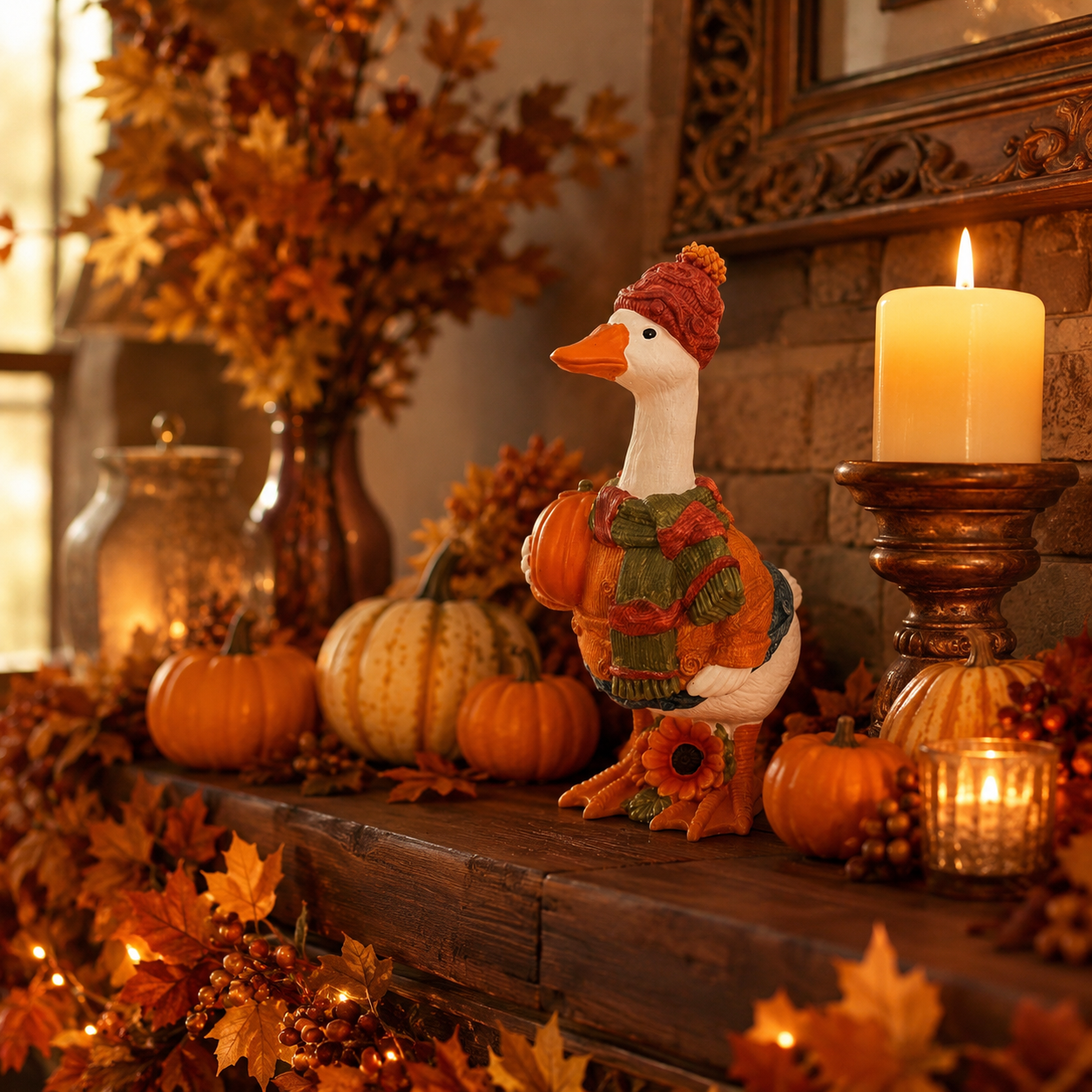 Fall Duck Figurine with Pumpkin, Resin Autumn Tabletop Decor