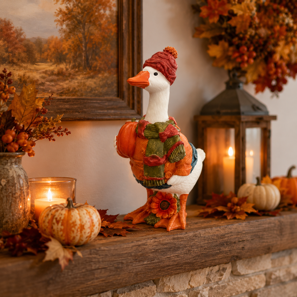 Fall Duck Figurine with Pumpkin, Resin Autumn Tabletop Decor