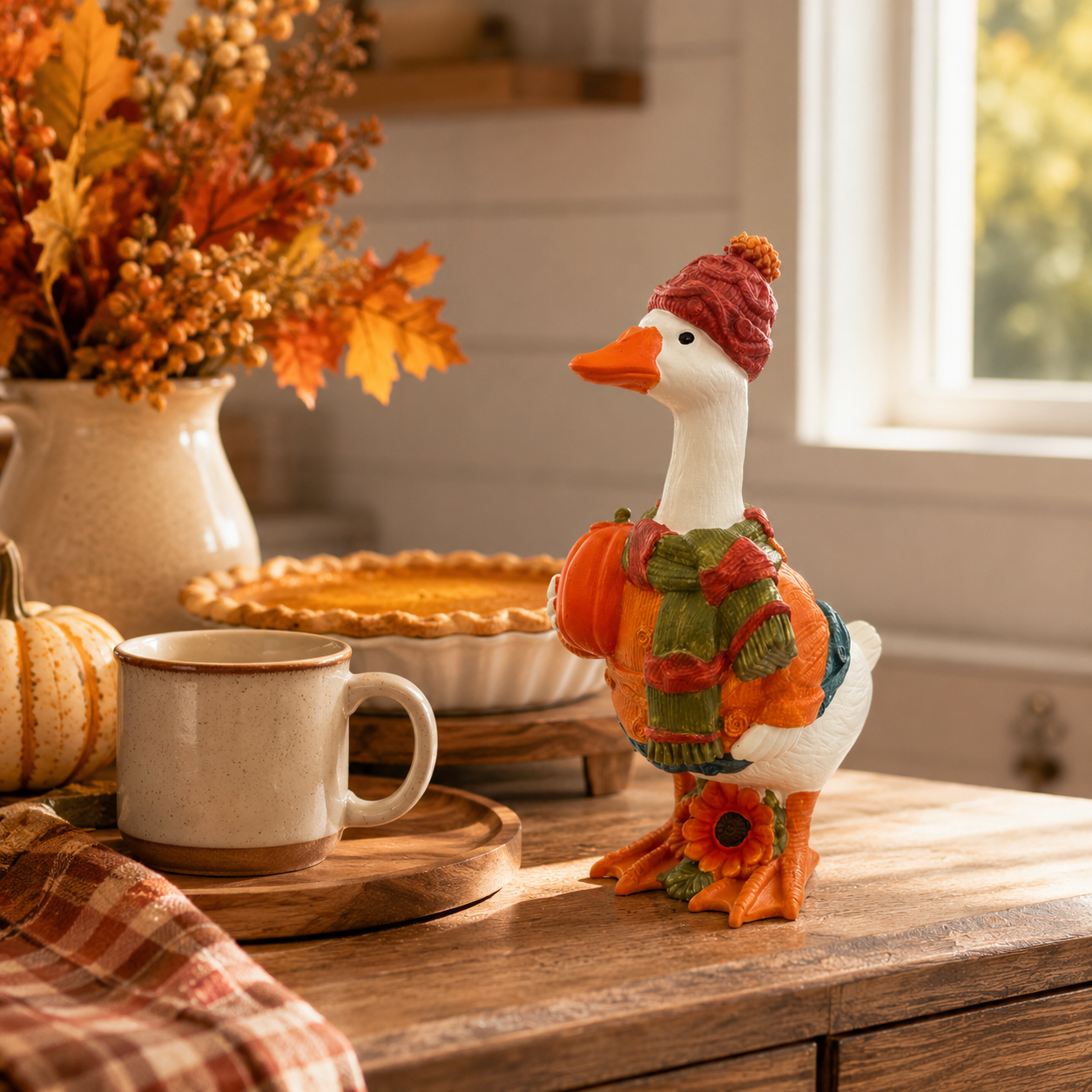 Fall Duck Figurine with Pumpkin, Resin Autumn Tabletop Decor